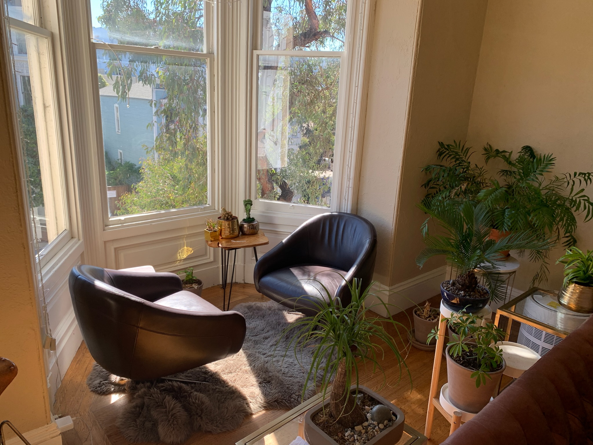 Cozy bay window with leather chairs