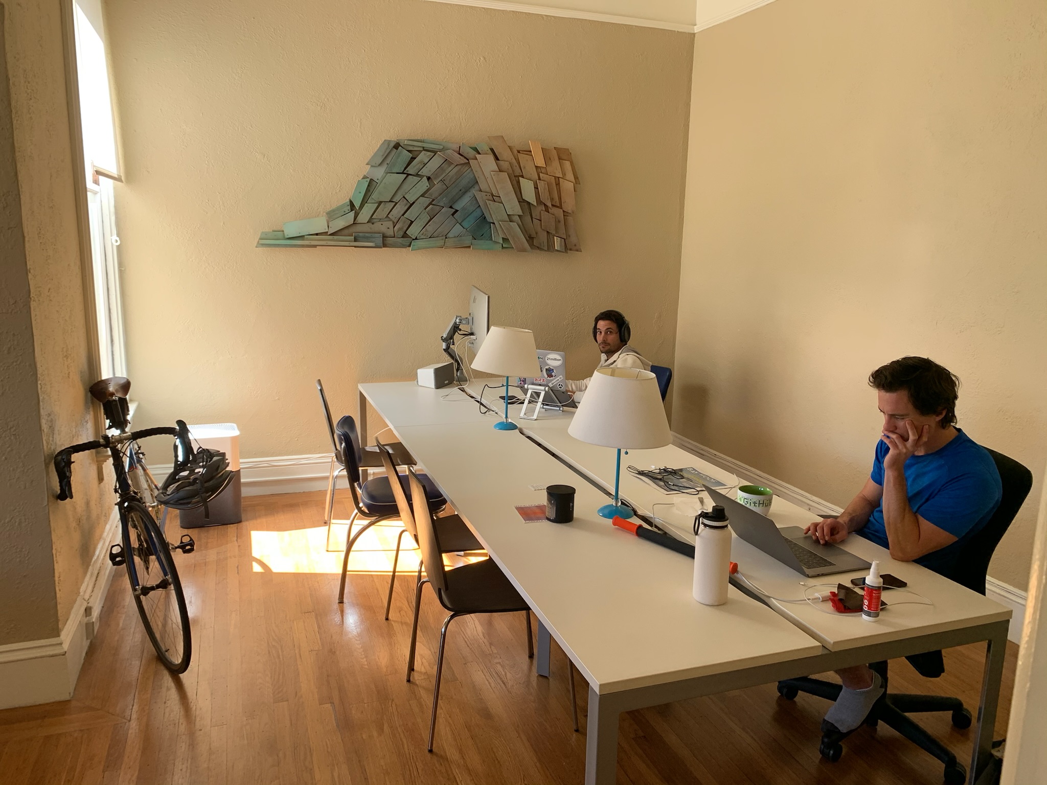 Team coworking at shared desk