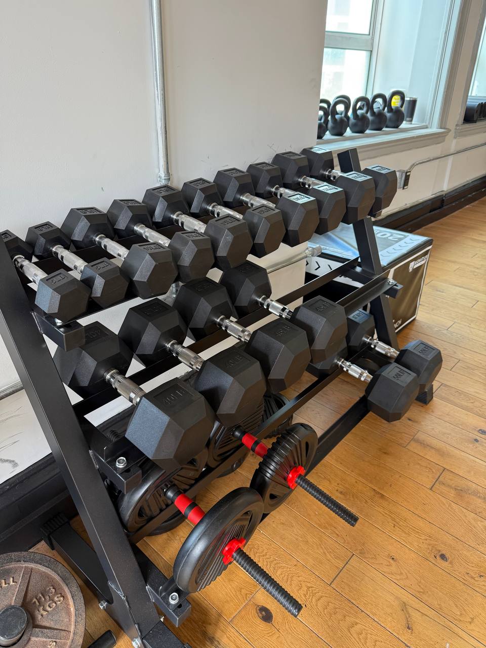Dumbbell rack with kettlebells