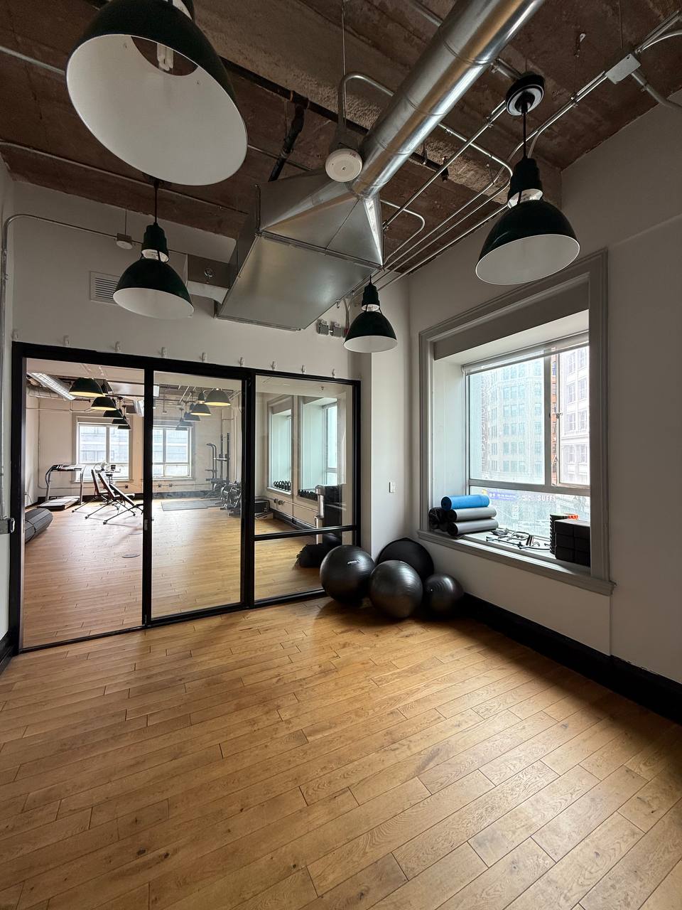 Yoga and stretching area with stability balls